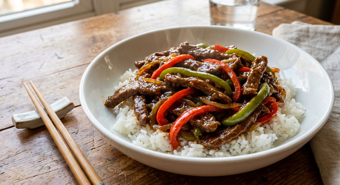 A real photograph of glossy pepper steak with sliced beef and bell peppers in a dark savory sauce served over steamed rice in a white bowl on a wooden table with chopsticks nearby