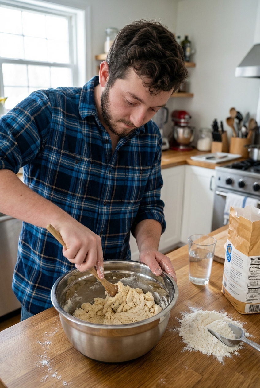 A real photograph of gluten free pizza dough being mixed in a stainless steel bowl with a wooden spoon, with a small pile of flour on the counter nearby