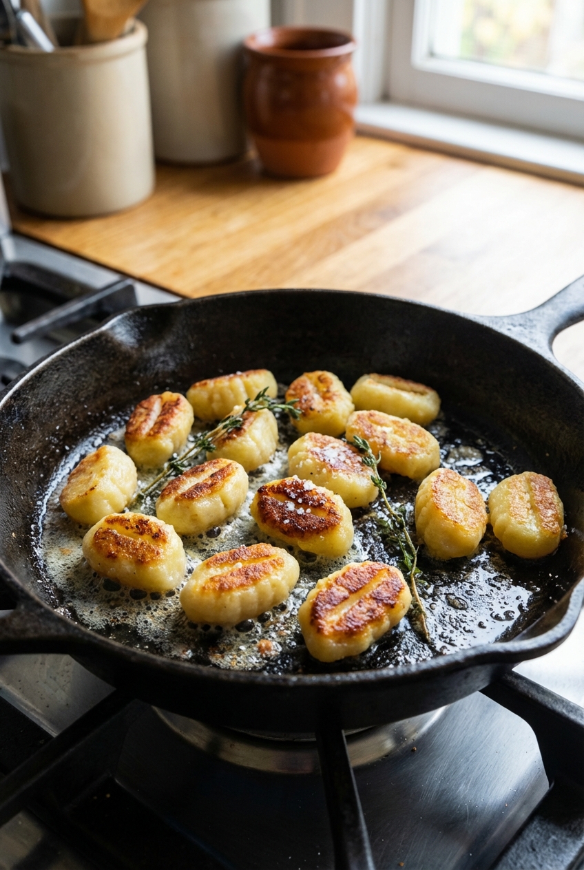 A real photograph of gnocchi browning in a cast iron skillet with butter, with a few pieces showing crisp golden edges