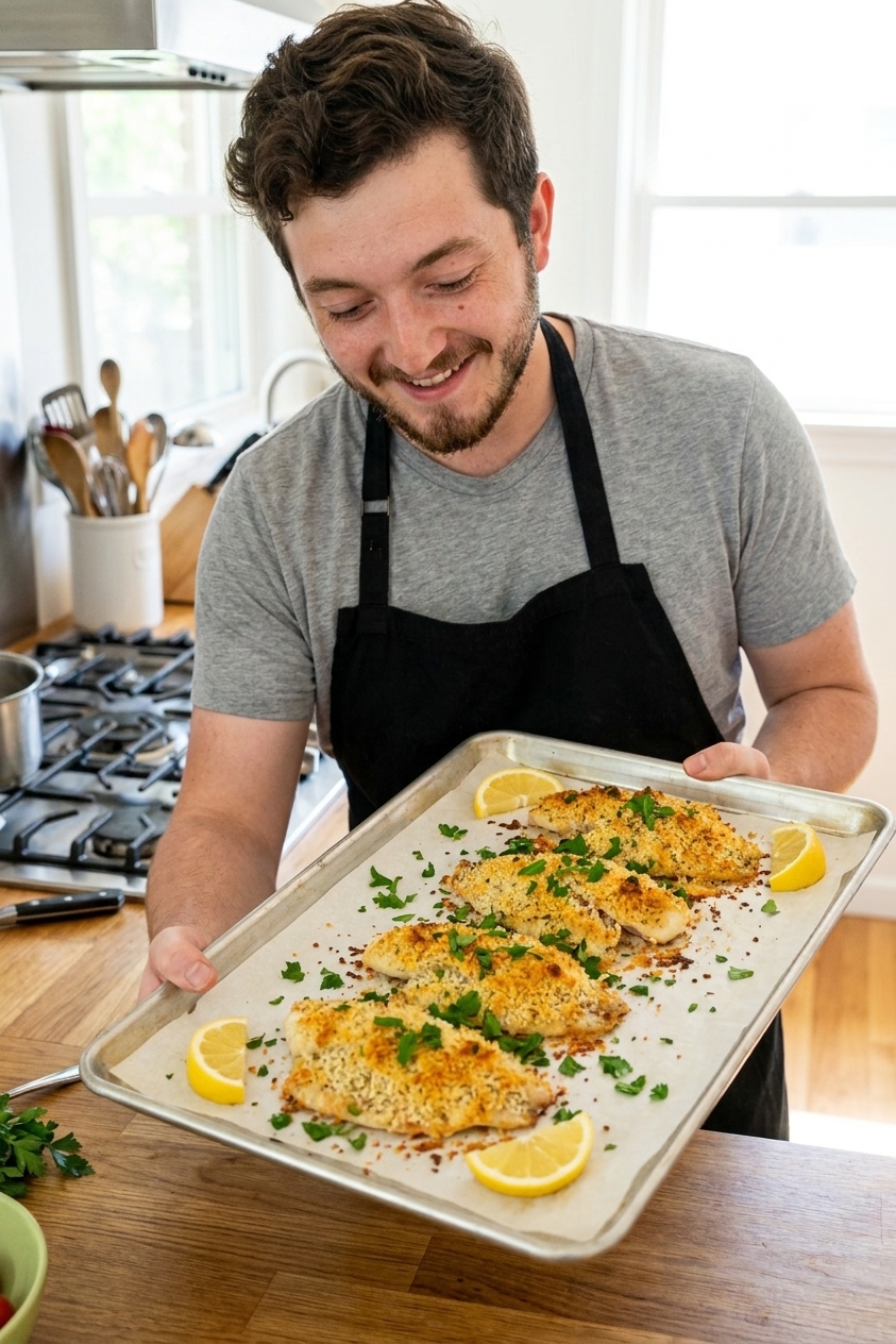 A real photograph of golden Parmesan panko crusted tilapia fillets on a parchment-lined sheet pan with lemon wedges and chopped parsley, bright kitchen lighting