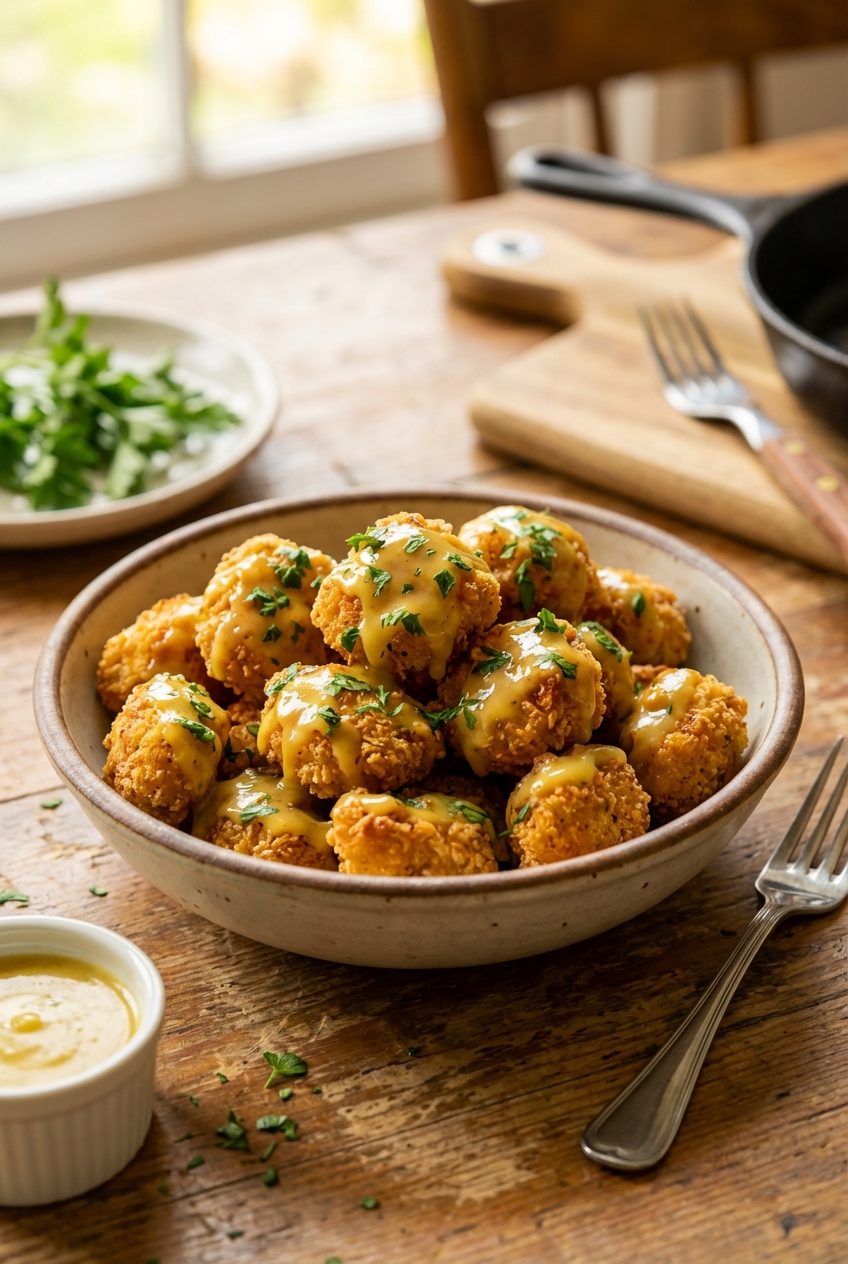 A real photograph of golden air fryer chicken bites in a bowl, tossed with a glossy lemon Dijon sauce and topped with chopped parsley on a wooden table
