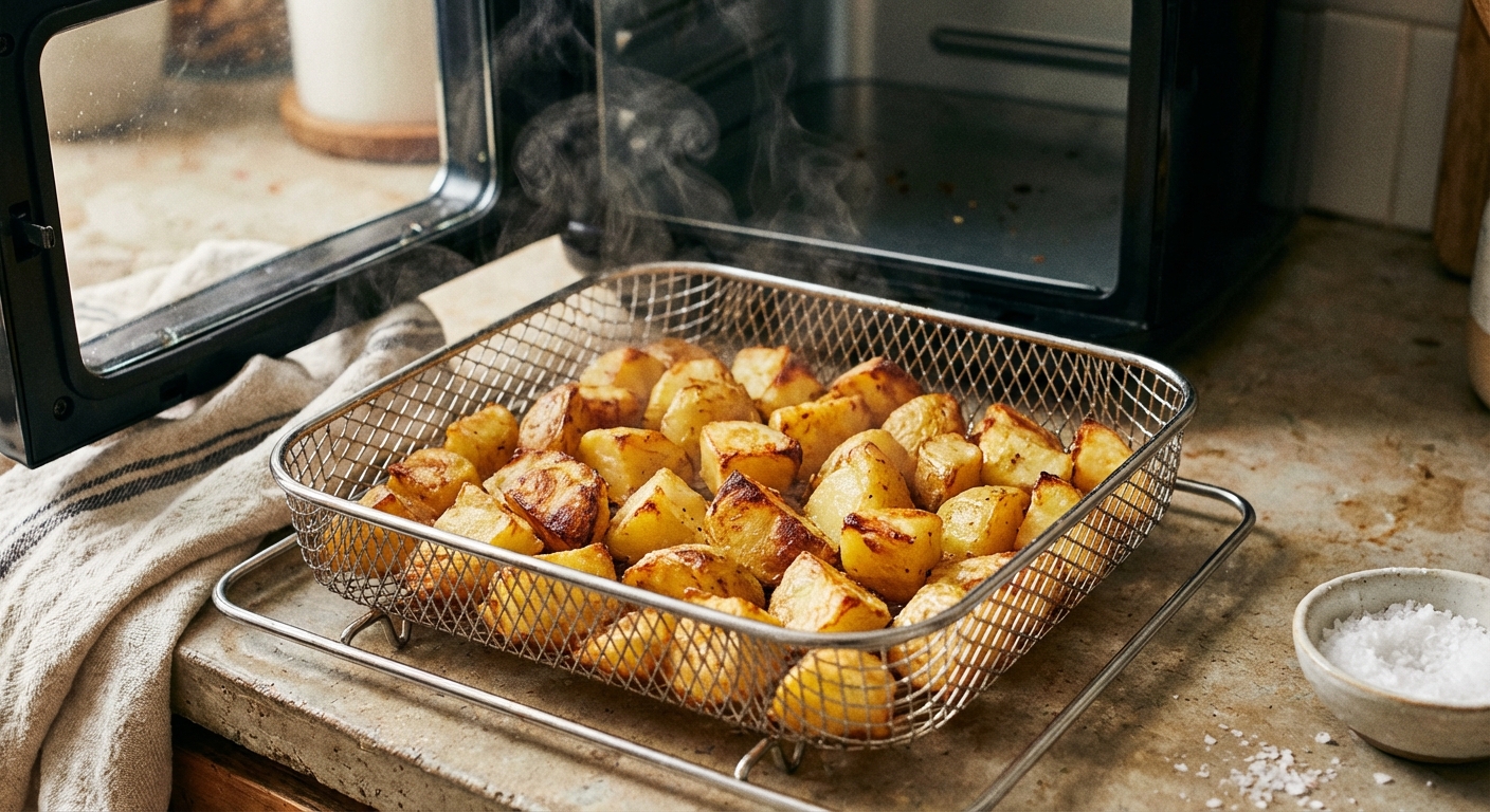 A real photograph of golden-brown potato chunks in an air fryer basket right after cooking, showing crisp edges