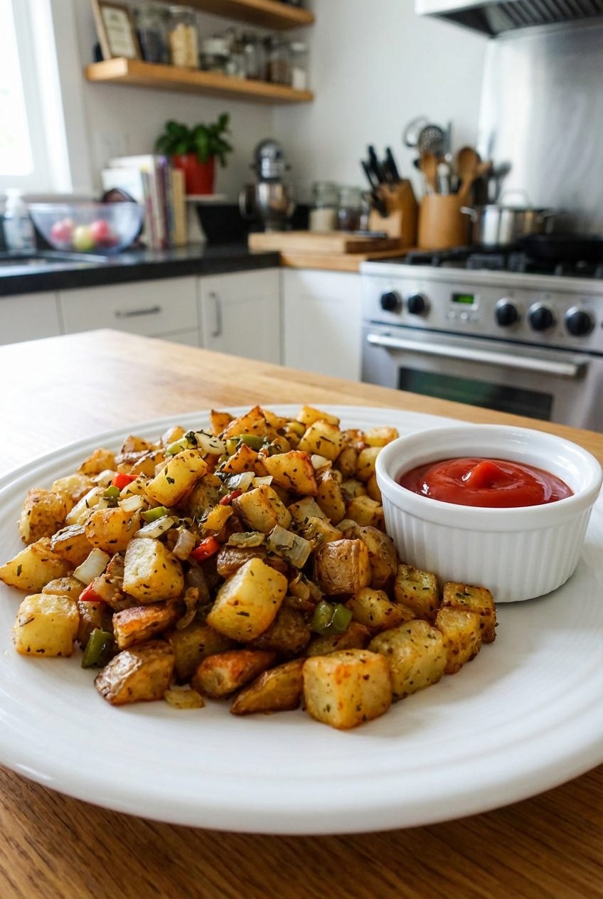 A real photograph of golden crispy home fries on a white plate with a small ramekin of ketchup