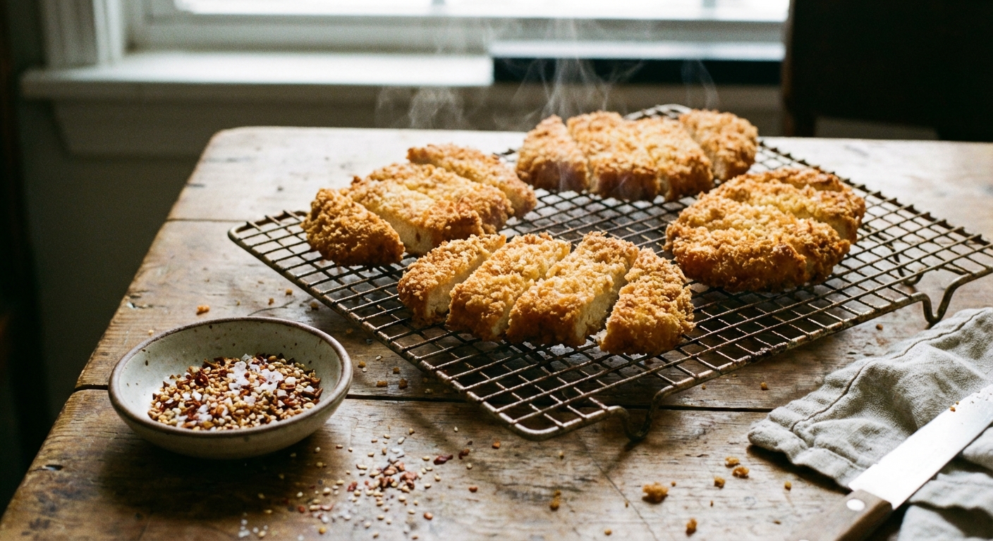 A real photograph of golden crispy tofu cutlets cooling on a wire rack with a small bowl of seasoning nearby