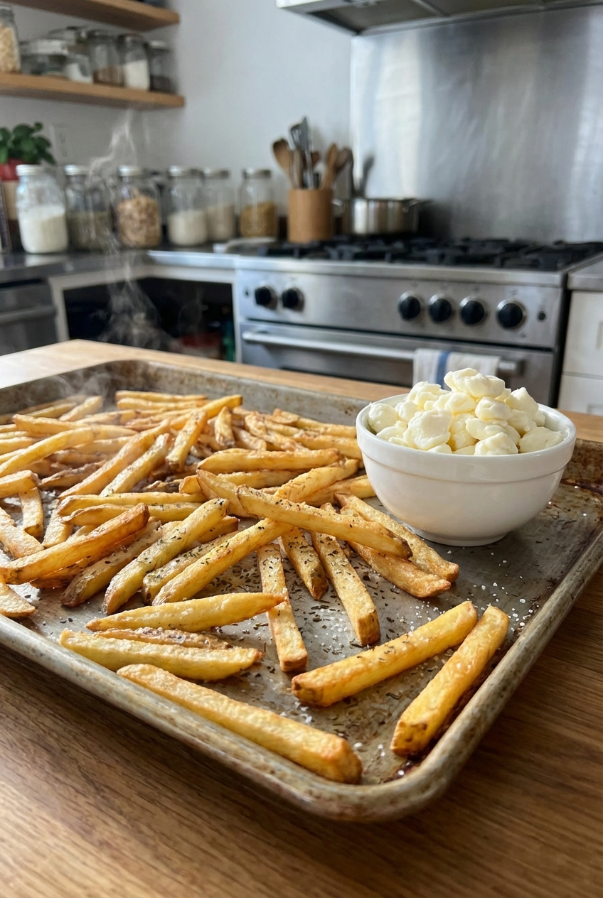 A real photograph of golden fries spread on a sheet pan right after baking, with a small bowl of cheese curds nearby on a kitchen counter