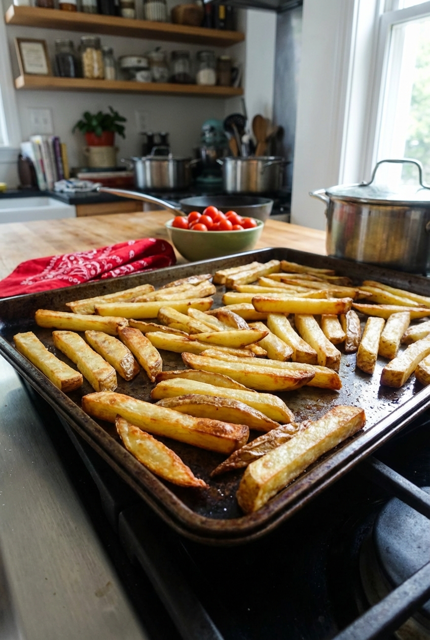 A real photograph of golden oven fries on a baking sheet