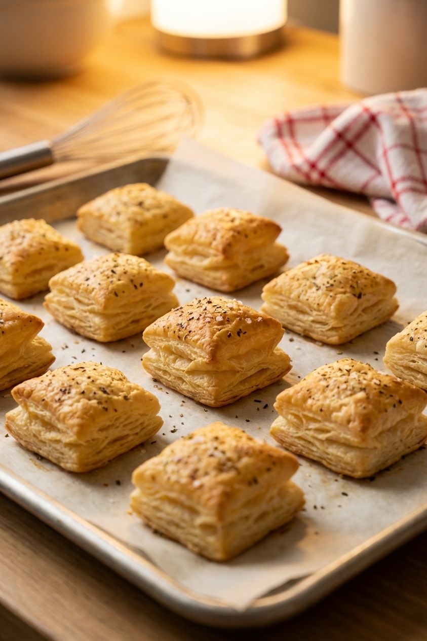 A real photograph of golden puff pastry croutons on a parchment-lined baking sheet, flaky layers visible, warm kitchen lighting