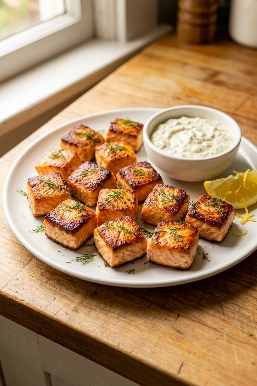 A real photograph of golden salmon bites with browned edges on a white plate with a small bowl of creamy dipping sauce and lemon on the side