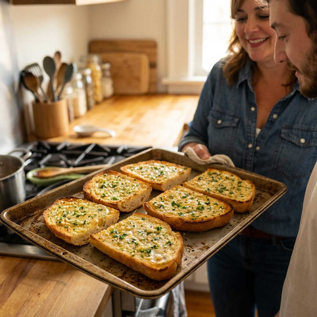 A real photograph of golden toasted garlic bread slices on a baking sheet