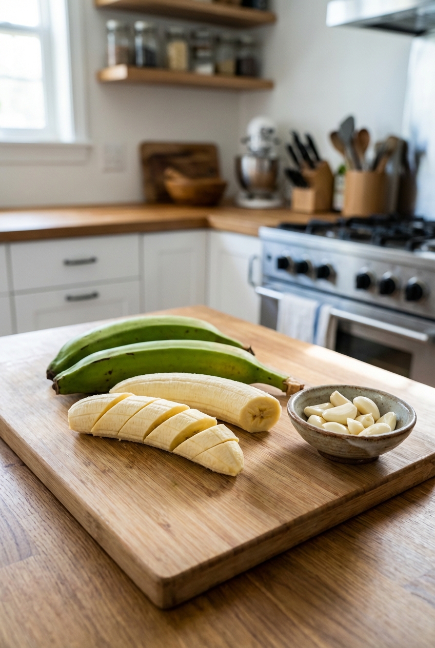 A real photograph of green plantains peeled and cut into thick slices on a cutting board with a small bowl of peeled garlic cloves nearby