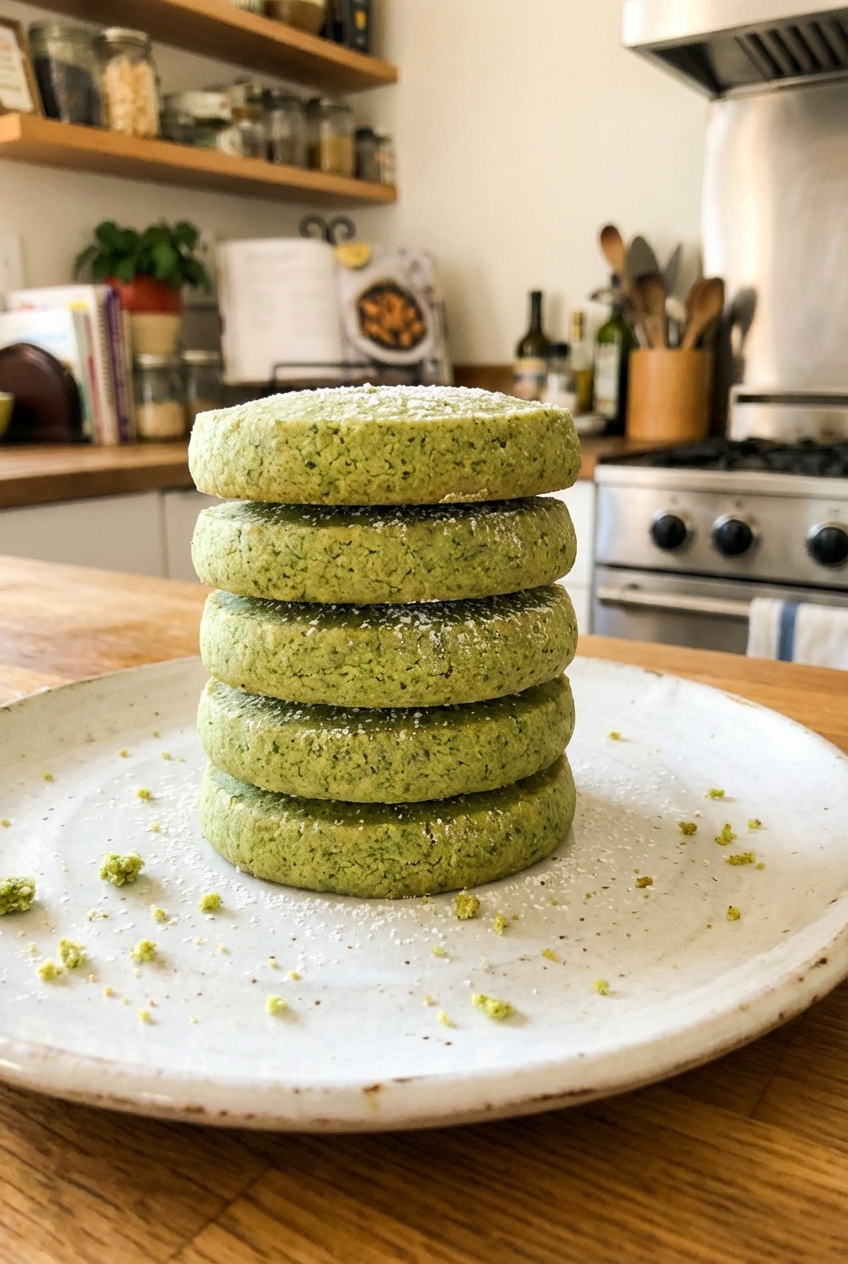 A real photograph of green tea shortbread cookies stacked on a plate with crumbs