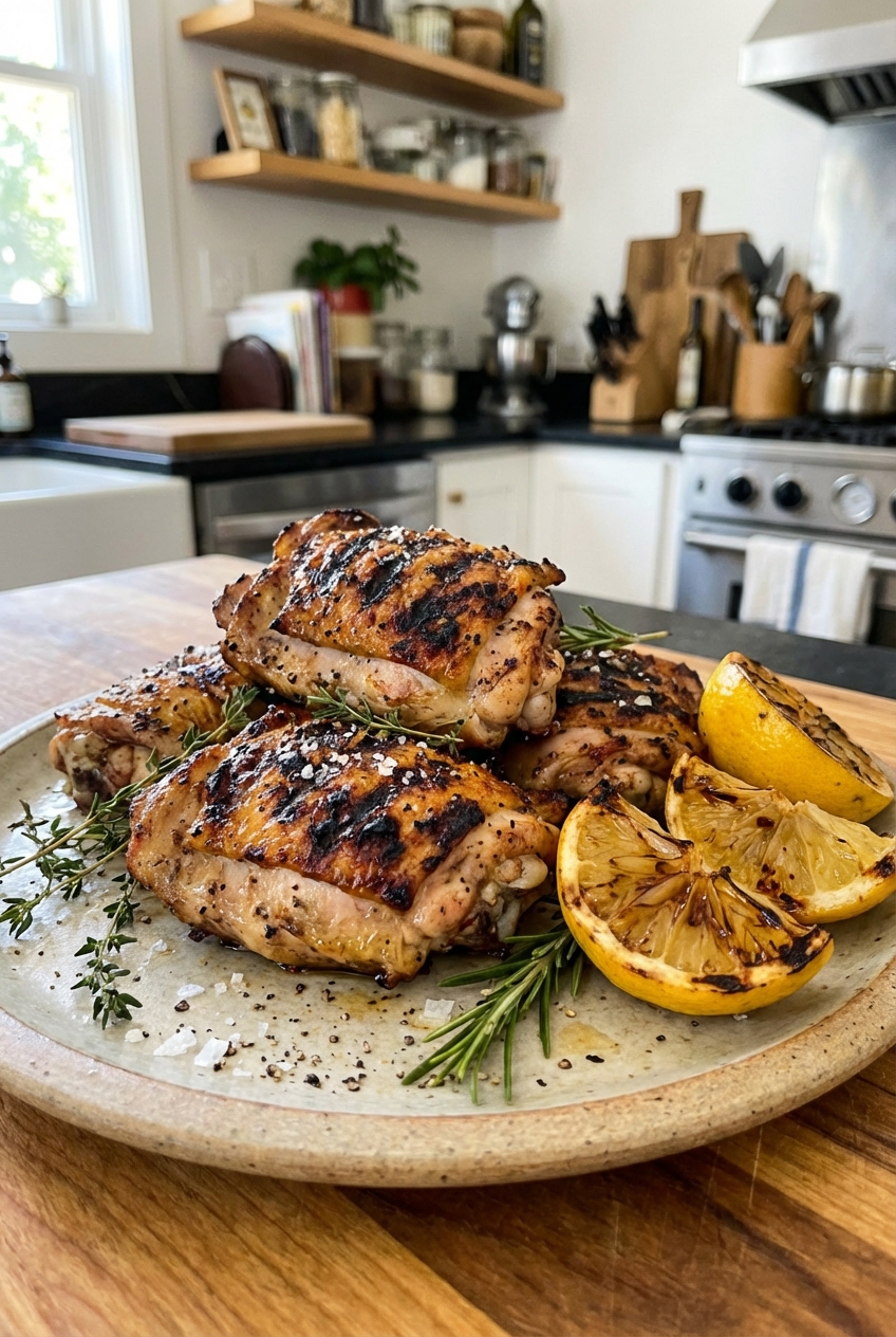 A real photograph of grilled chicken thighs on a plate with lemon wedges and herbs