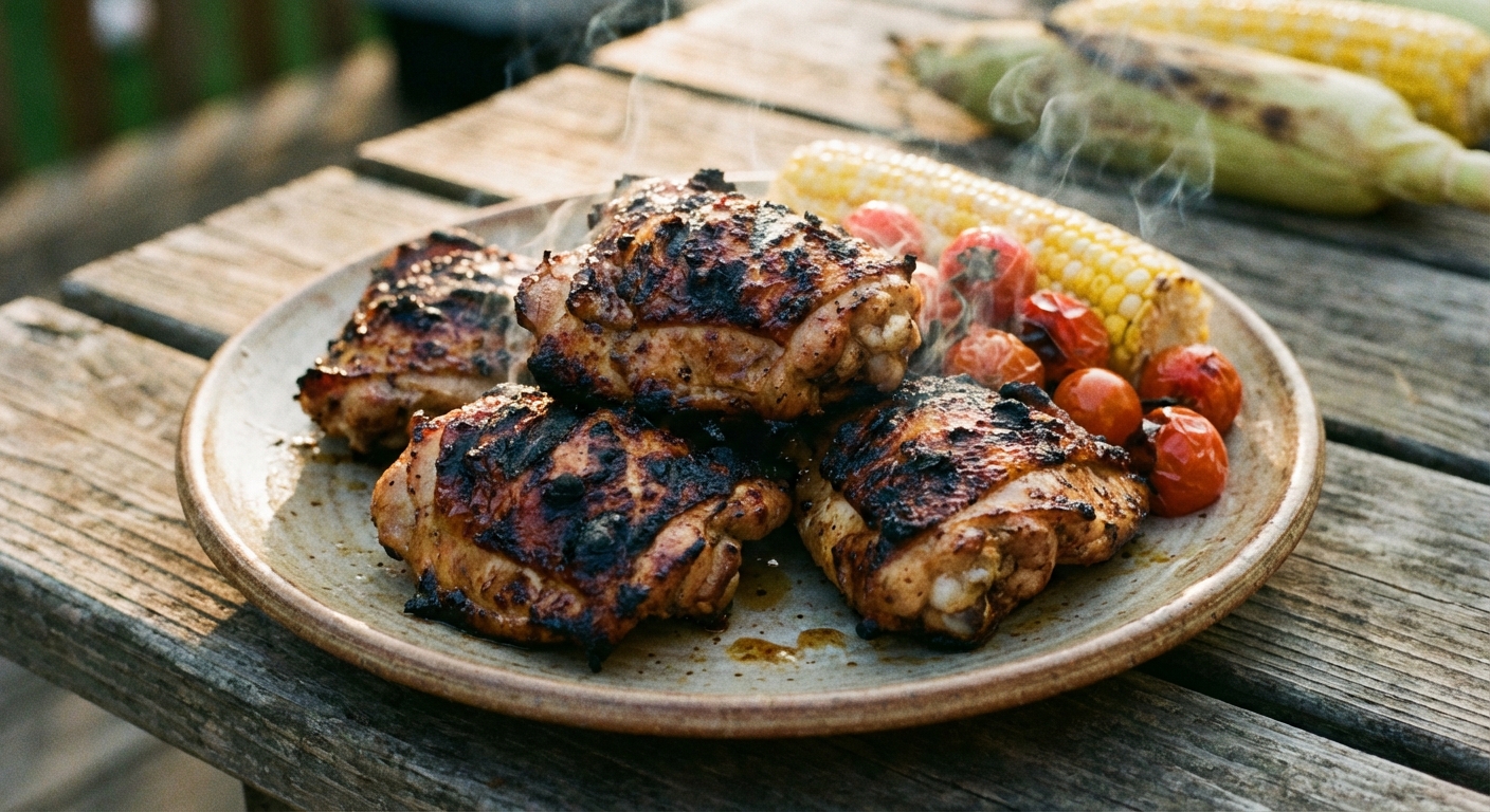 A real photograph of grilled chicken thighs with charred edges on a plate