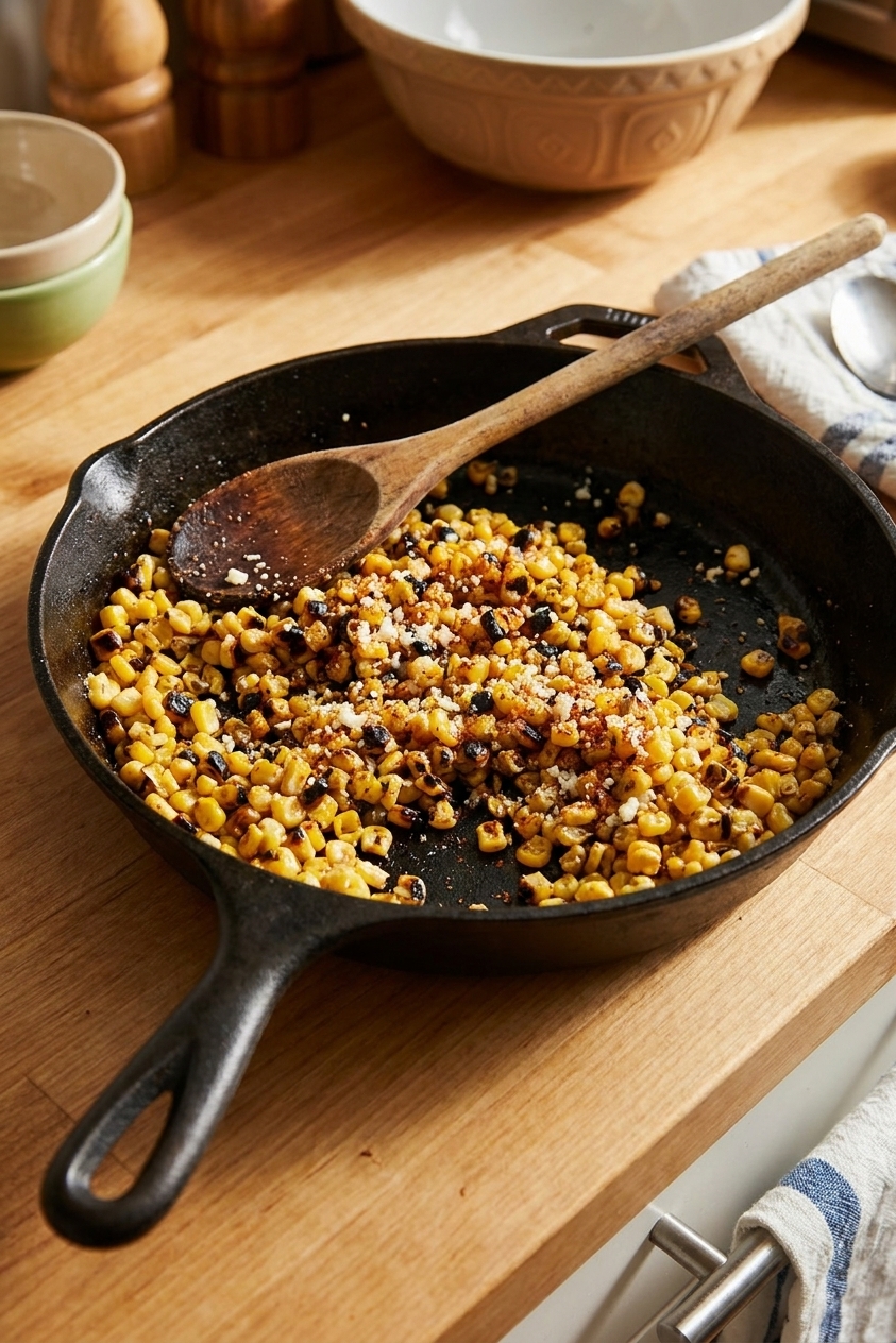 A real photograph of grilled corn kernels charred in a cast iron skillet with a wooden spoon nearby, warm kitchen lighting