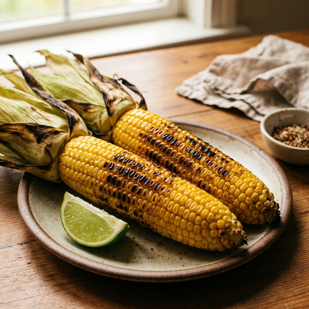 A real photograph of grilled corn on the cob with char marks and a lime wedge