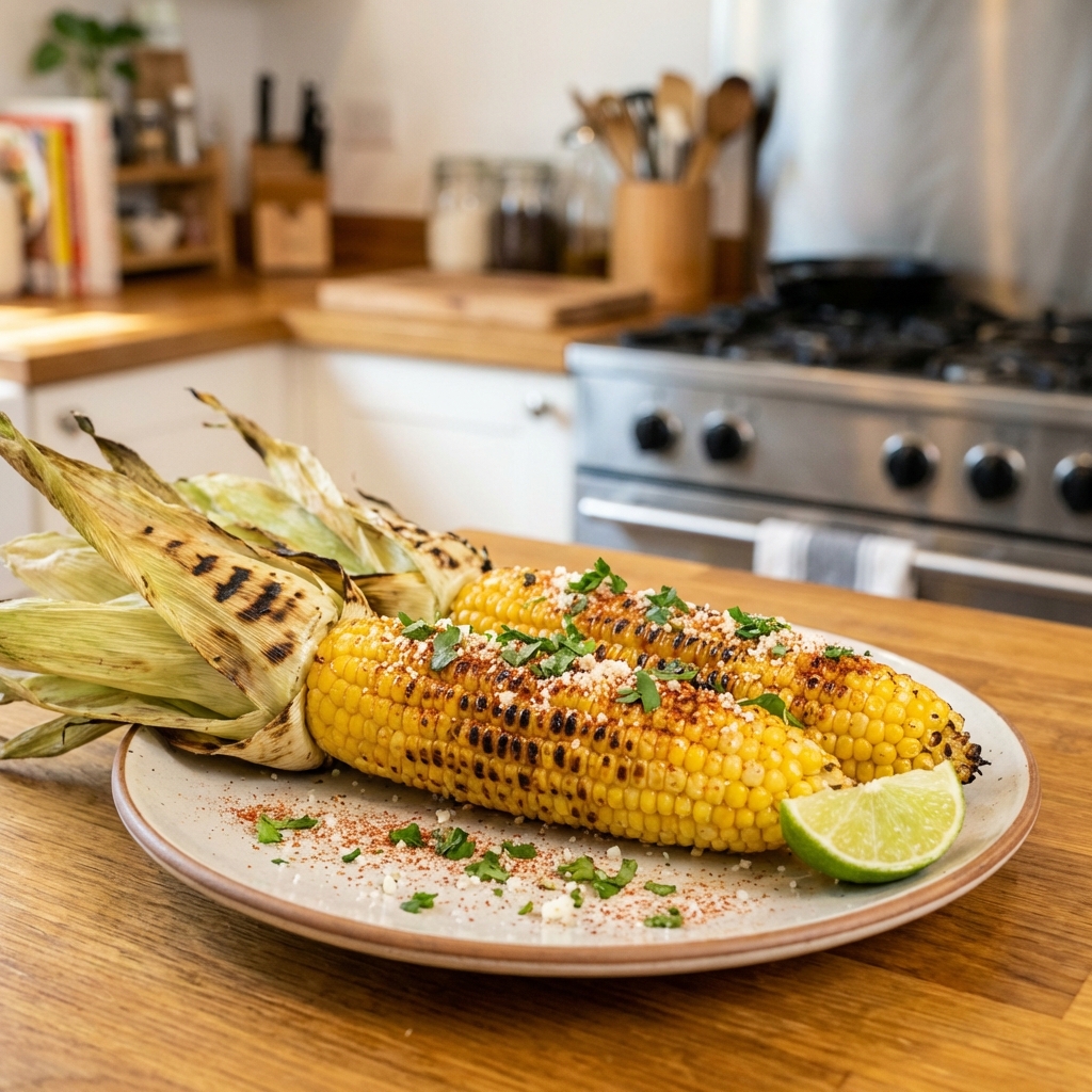 A real photograph of grilled corn on the cob with char marks and a lime wedge on a plate