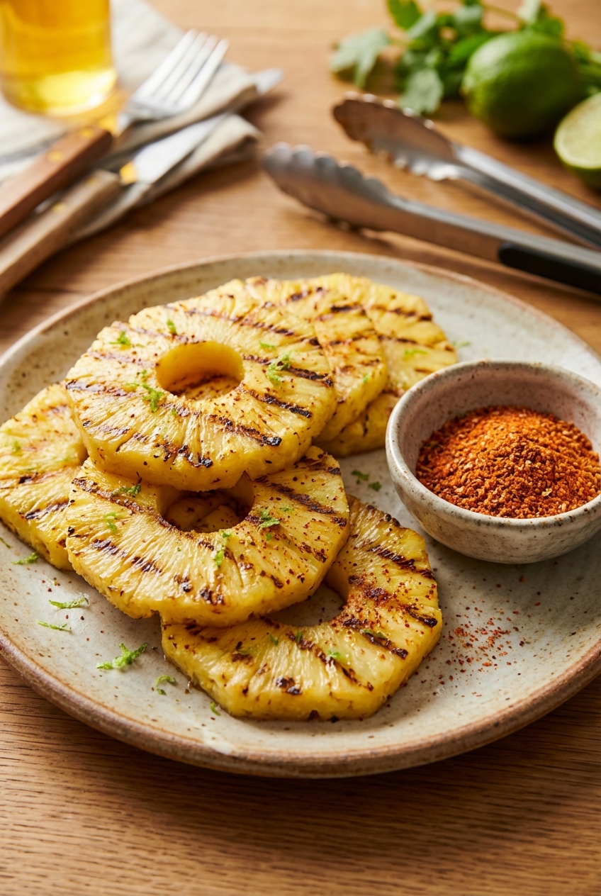 A real photograph of grilled pineapple rings on a plate with a light char and a small bowl of chili-lime seasoning