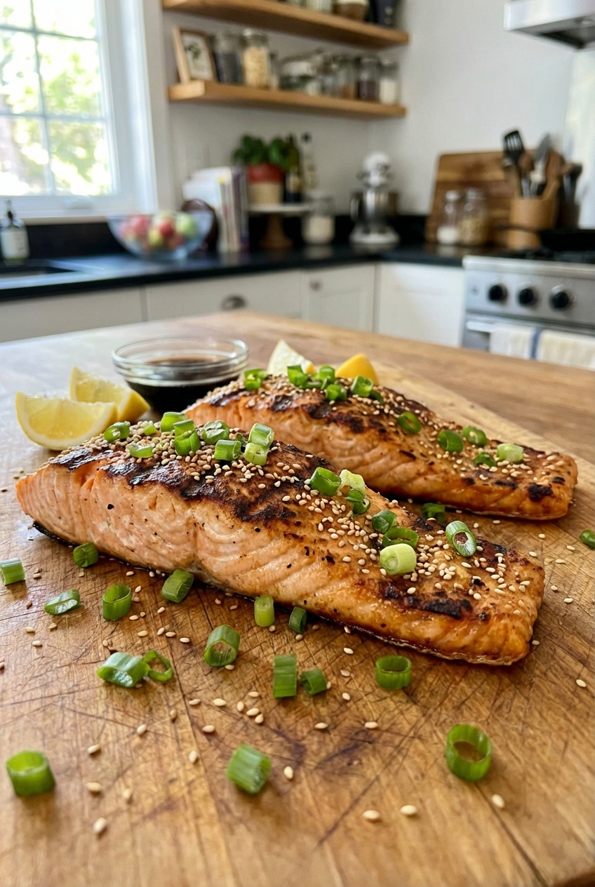 A real photograph of grilled salmon fillets resting on a cutting board with chopped scallions and sesame seeds scattered on top