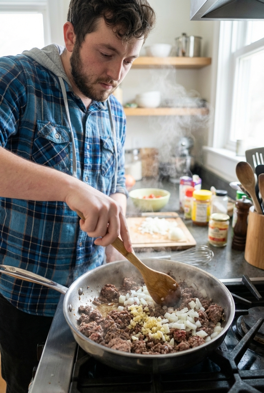 A real photograph of ground beef browning in a skillet with diced onion and minced garlic, steam rising