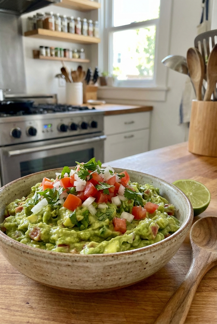 A real photograph of guacamole in a bowl topped with diced tomatoes and onions