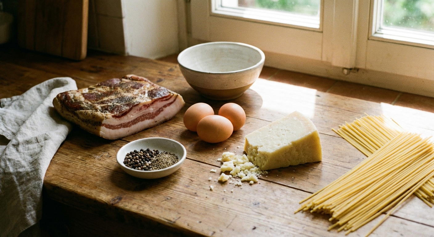 A real photograph of guanciale, eggs, Pecorino Romano, black pepper, and spaghetti arranged on a kitchen counter