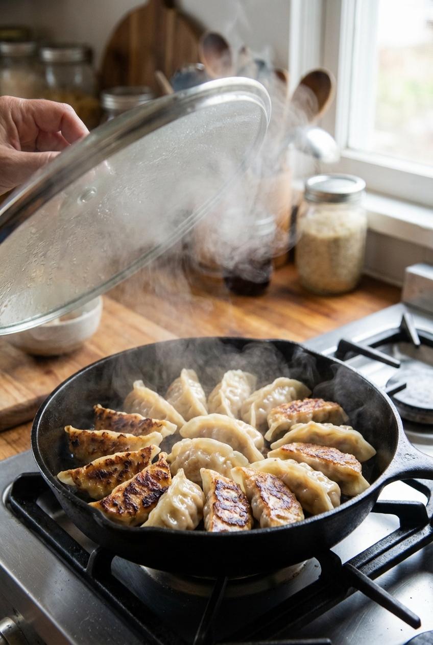 A real photograph of gyoza cooking in a skillet with a lid partially lifted, steam visible, and the dumplings arranged in a circle with browned bottoms
