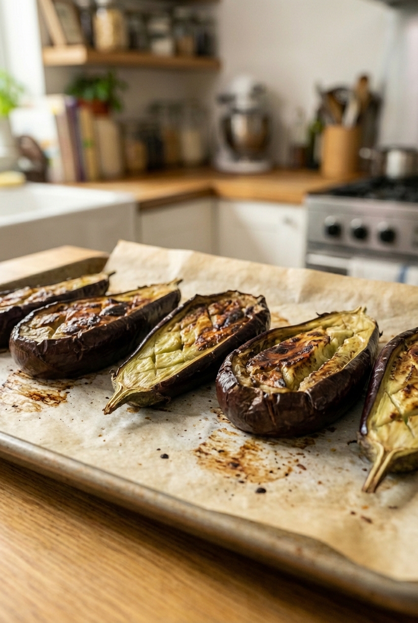 A real photograph of halved eggplants roasted cut-side down on a parchment-lined baking sheet with charred skins and soft flesh