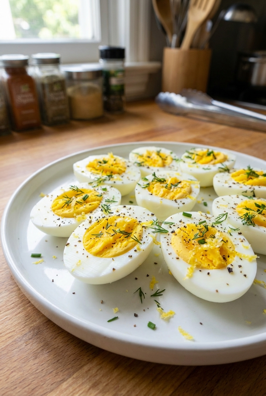 A real photograph of halved hard boiled eggs seasoned with lemon zest, black pepper, and herbs on a simple white plate