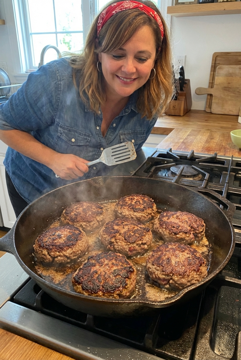 A real photograph of hamburger steaks browning in a cast iron skillet