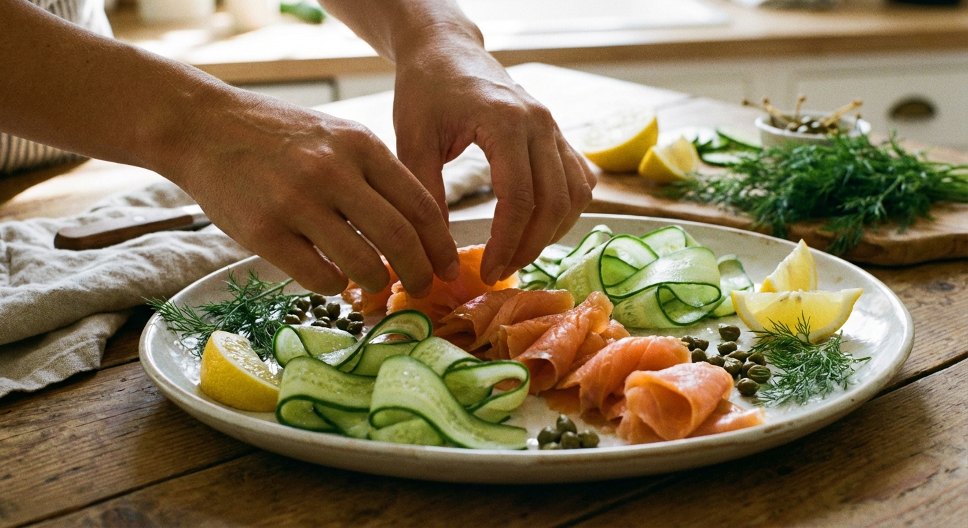 A real photograph of hands arranging folded smoked salmon and cucumber ribbons on a serving platter with lemon wedges and fresh dill