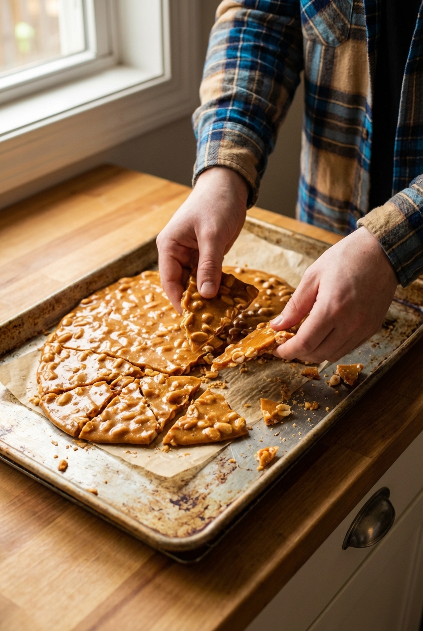 A real photograph of hands breaking a cooled sheet of peanut brittle into jagged pieces on a baking tray