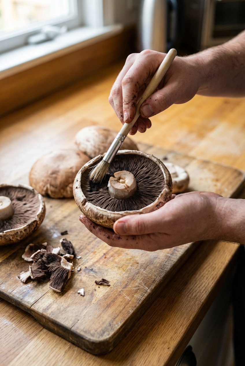 A real photograph of hands brushing and gently scraping gills from raw portobello mushroom caps on a wooden cutting board