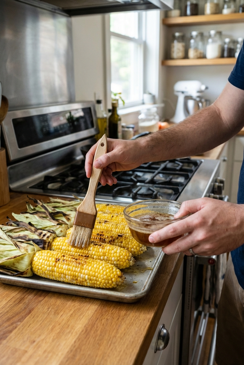 A real photograph of hands brushing brown butter onto grilled corn on the cob over a sheet pan in a home kitchen
