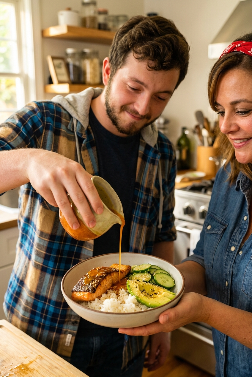 A real photograph of hands drizzling glossy orange-lime sauce over a roasted salmon bowl with rice and cucumbers in natural kitchen light