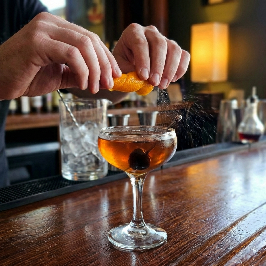 A real photograph of hands expressing an orange peel over a Manhattan cocktail in a coupe glass