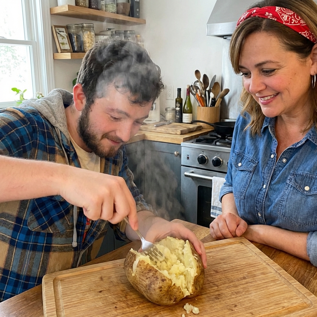A real photograph of hands fluffing the inside of a split baked potato with a fork, steam rising, on a wooden cutting board
