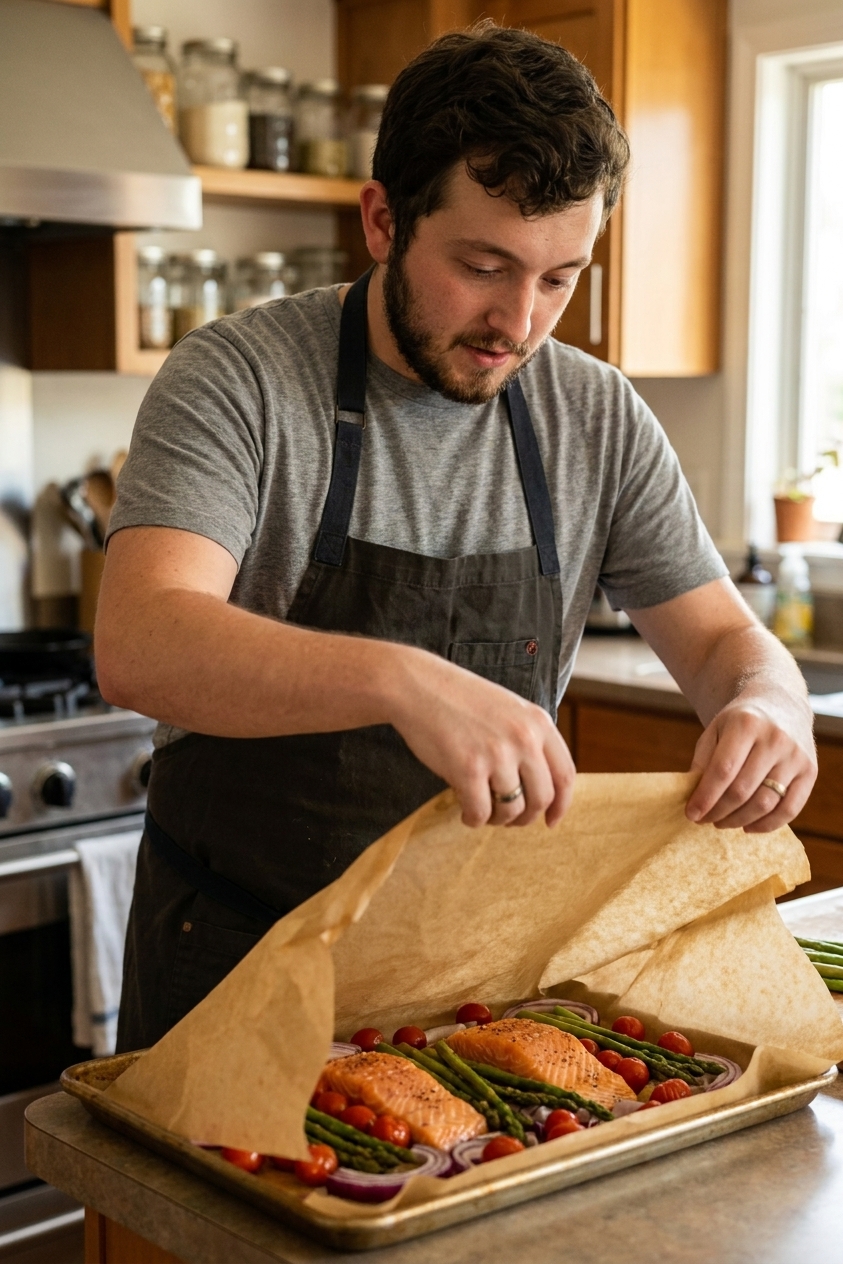 A real photograph of hands folding a large sheet of parchment paper around salmon and sliced vegetables on a rimmed baking sheet, mid-fold, kitchen counter in the background