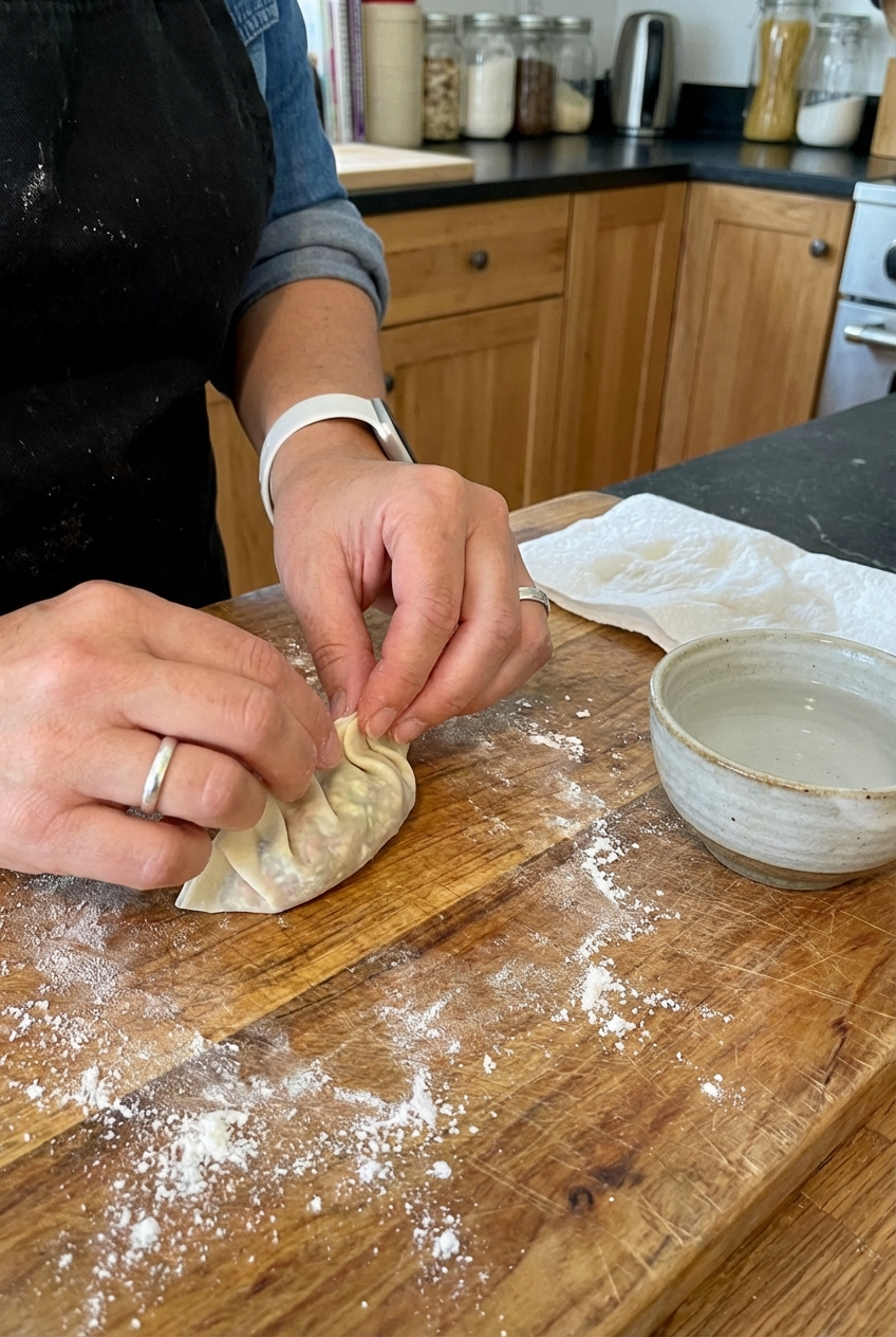 A real photograph of hands folding a single gyoza wrapper filled with pork and cabbage on a lightly floured cutting board with a small bowl of water nearby