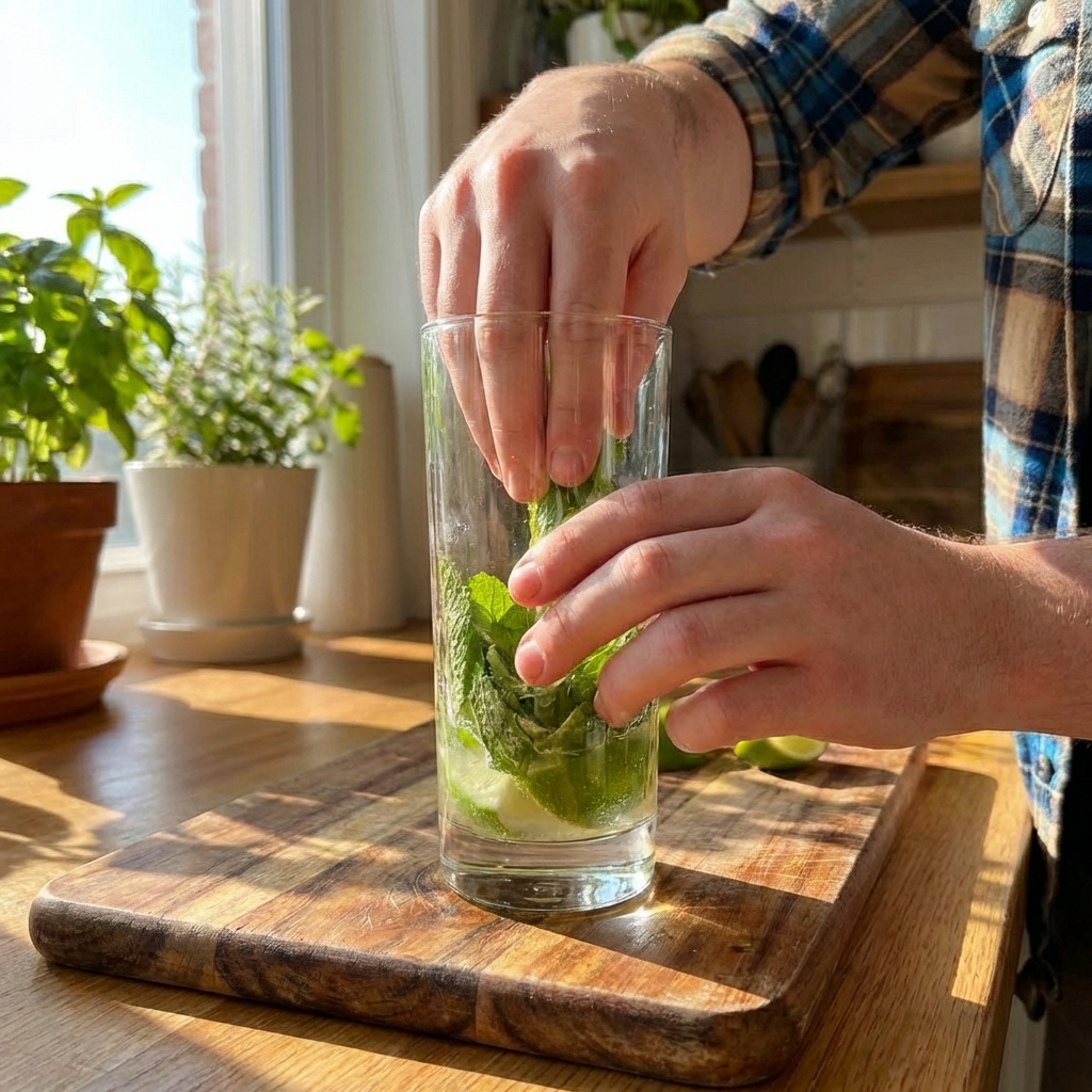 A real photograph of hands gently muddling fresh mint and lime in the bottom of a tall glass on a wooden cutting board