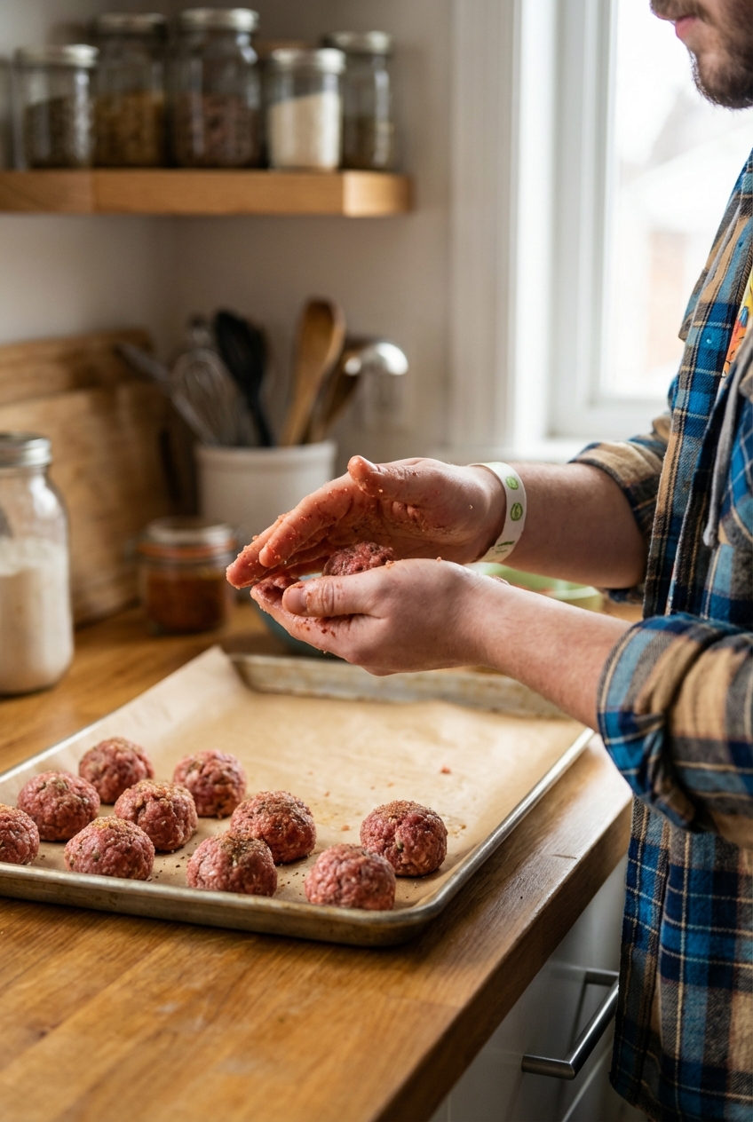 A real photograph of hands gently rolling raw meatball mixture on a parchment-lined baking sheet