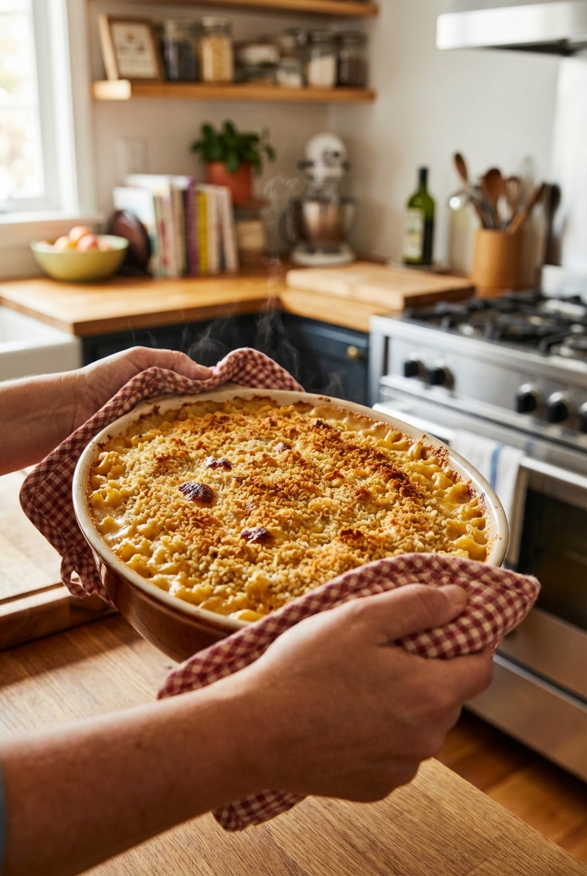 A real photograph of hands holding a baked dish of mac and cheese with an oven mitt, showing a golden breadcrumb top just out of the oven