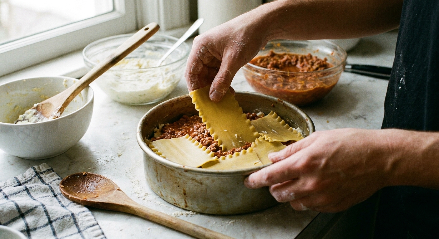 A real photograph of hands layering no-boil lasagna noodles, ricotta mixture, and meat sauce inside a 7-inch round cake pan on a kitchen counter