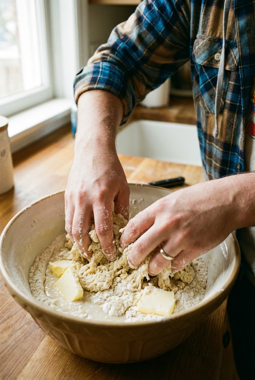 A real photograph of hands mixing shaggy scone dough in a large mixing bowl with visible butter pieces