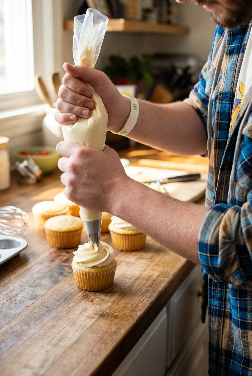 A real photograph of hands piping vanilla buttercream onto a cooled cupcake on a wooden counter in a home kitchen