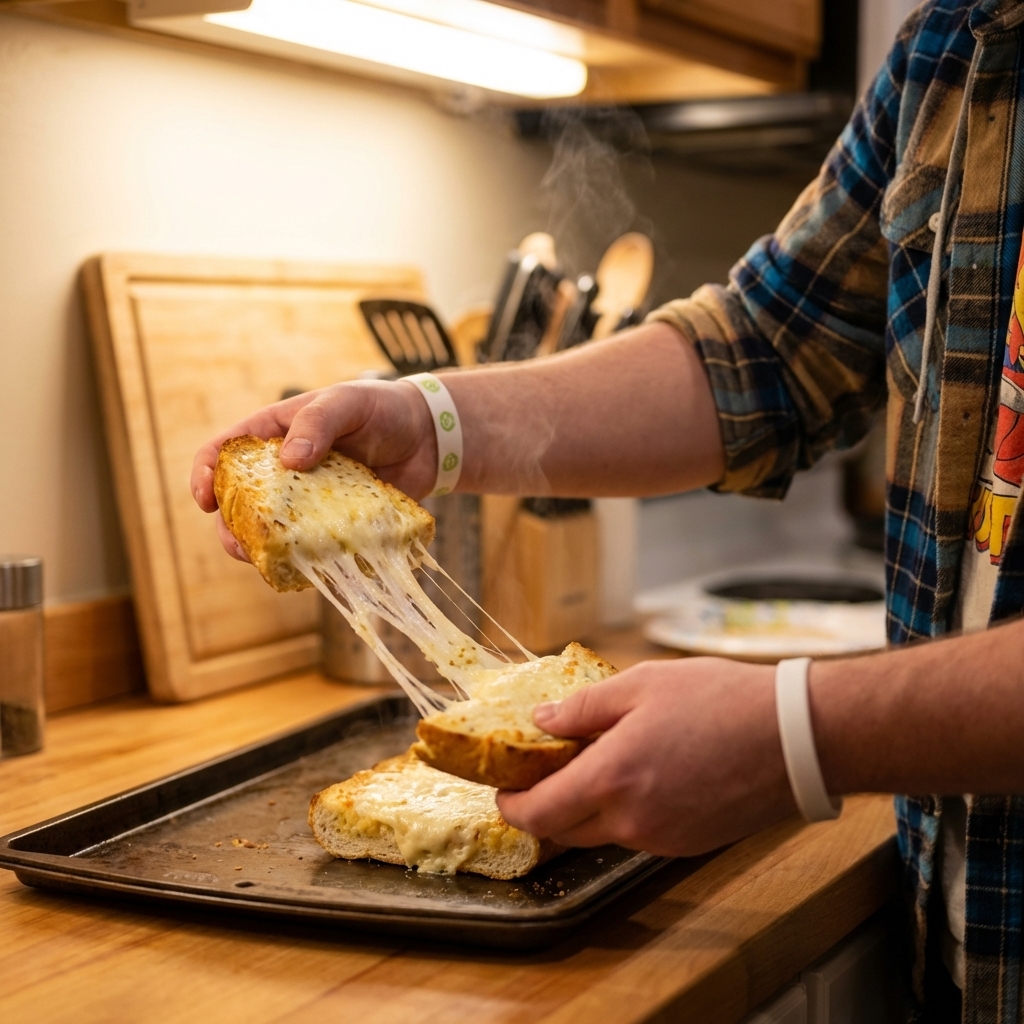 A real photograph of hands pulling apart a slice of cheesy pull-apart garlic bread with long mozzarella cheese stretch, on a baking sheet in warm kitchen light
