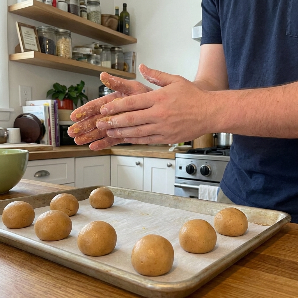 A real photograph of hands rolling peanut butter dough into smooth balls on a parchment-lined baking sheet