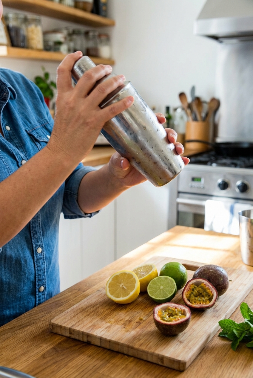 A real photograph of hands shaking a metal cocktail shaker over a kitchen counter with fresh citrus and passion fruit nearby