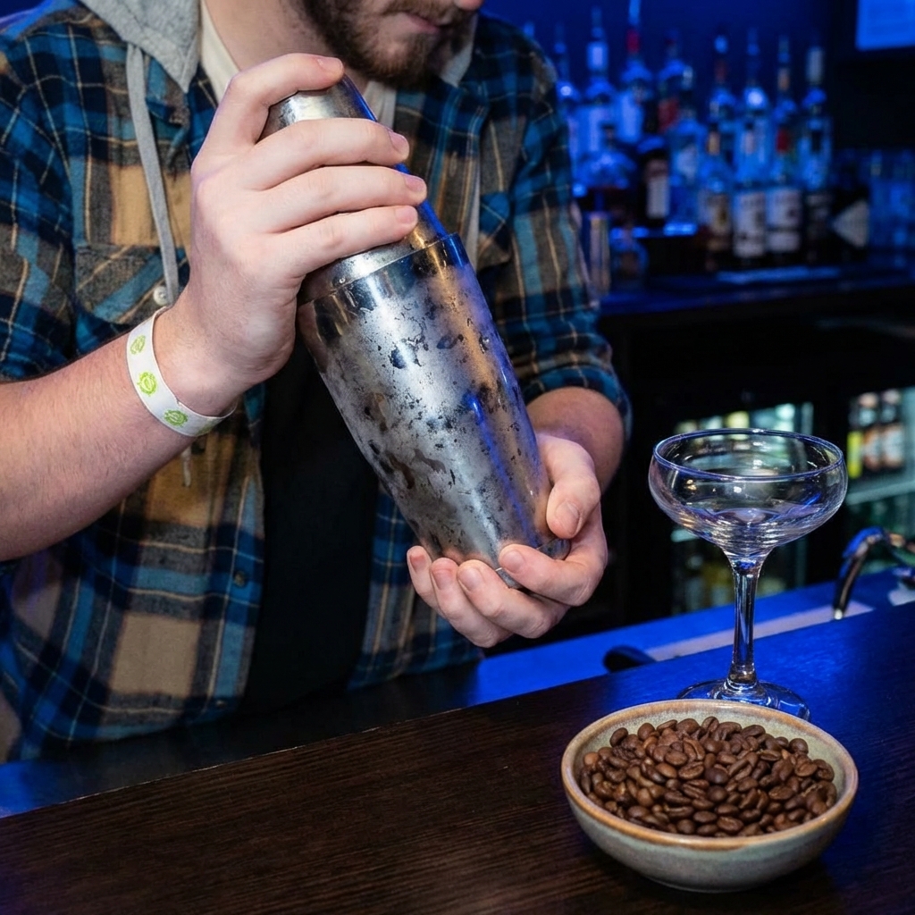 A real photograph of hands shaking a metal cocktail shaker with condensation, with a coupe glass and a small bowl of coffee beans on a countertop nearby