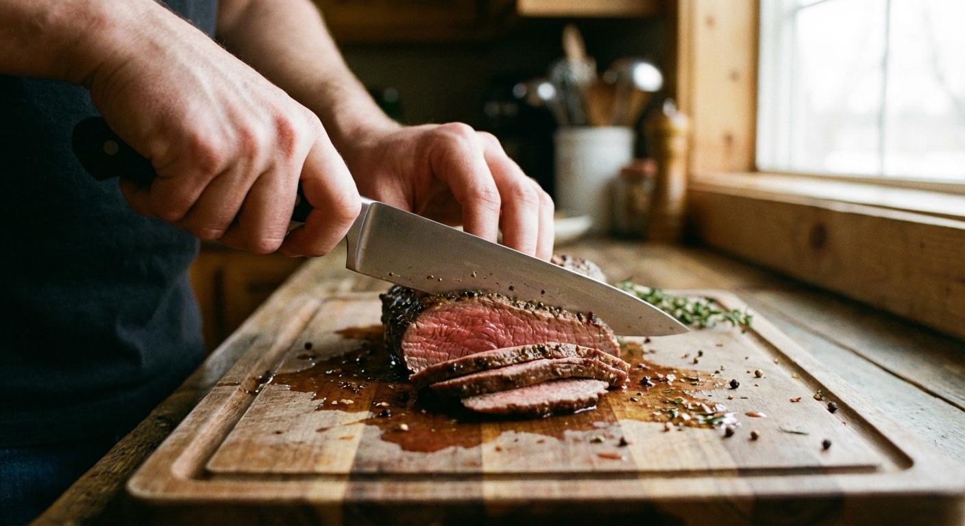 A real photograph of hands slicing a rested tri-tip thinly against the grain on a cutting board with a chef's knife