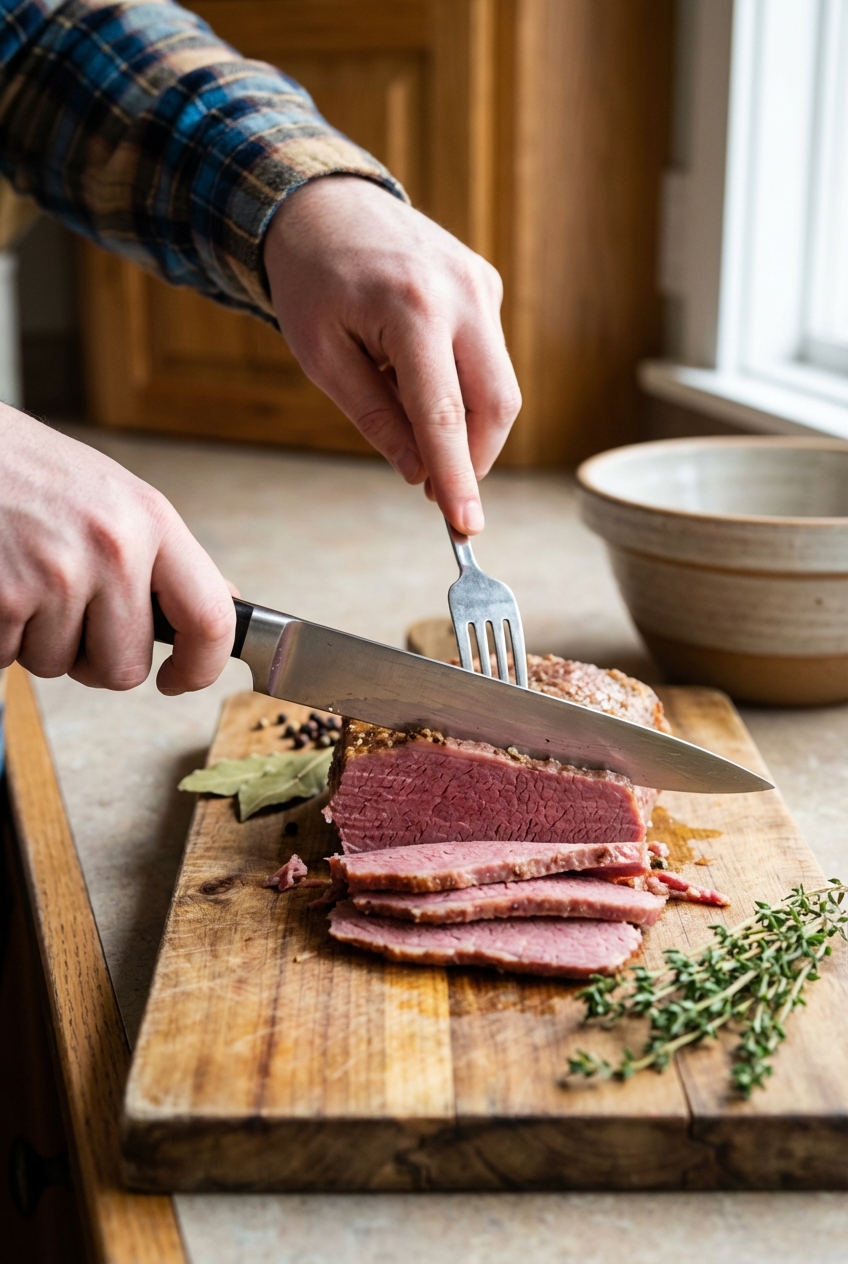 A real photograph of hands slicing cooked corned beef against the grain on a cutting board